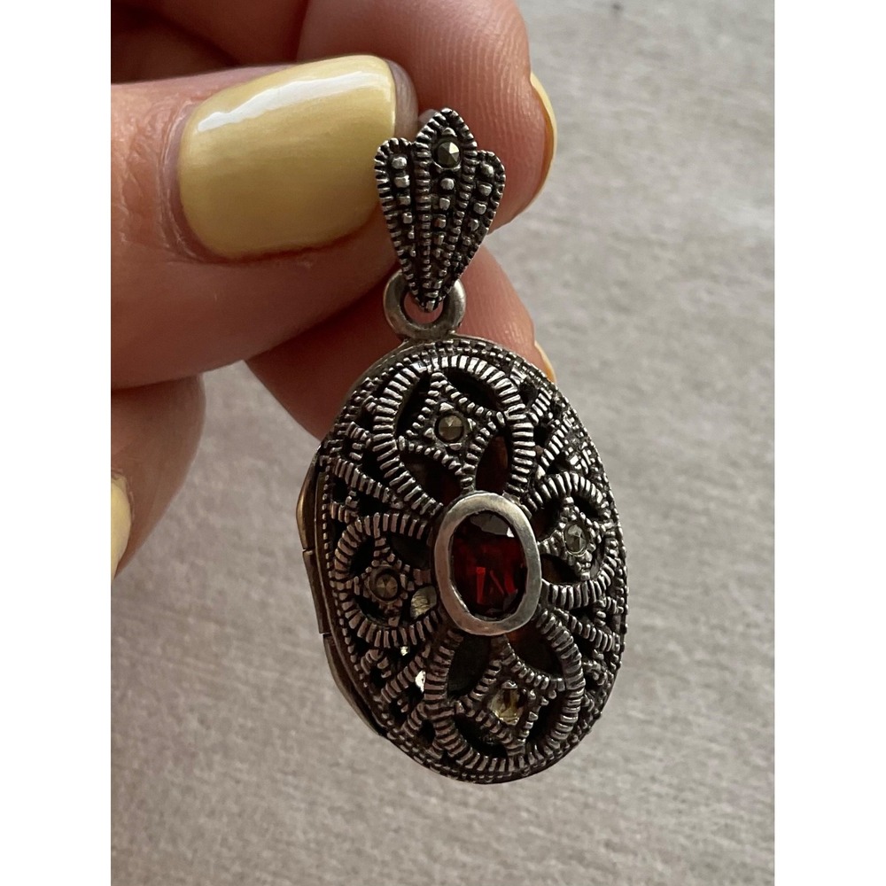 925 sterling silver locket pendant marcasite and red garnet vintage